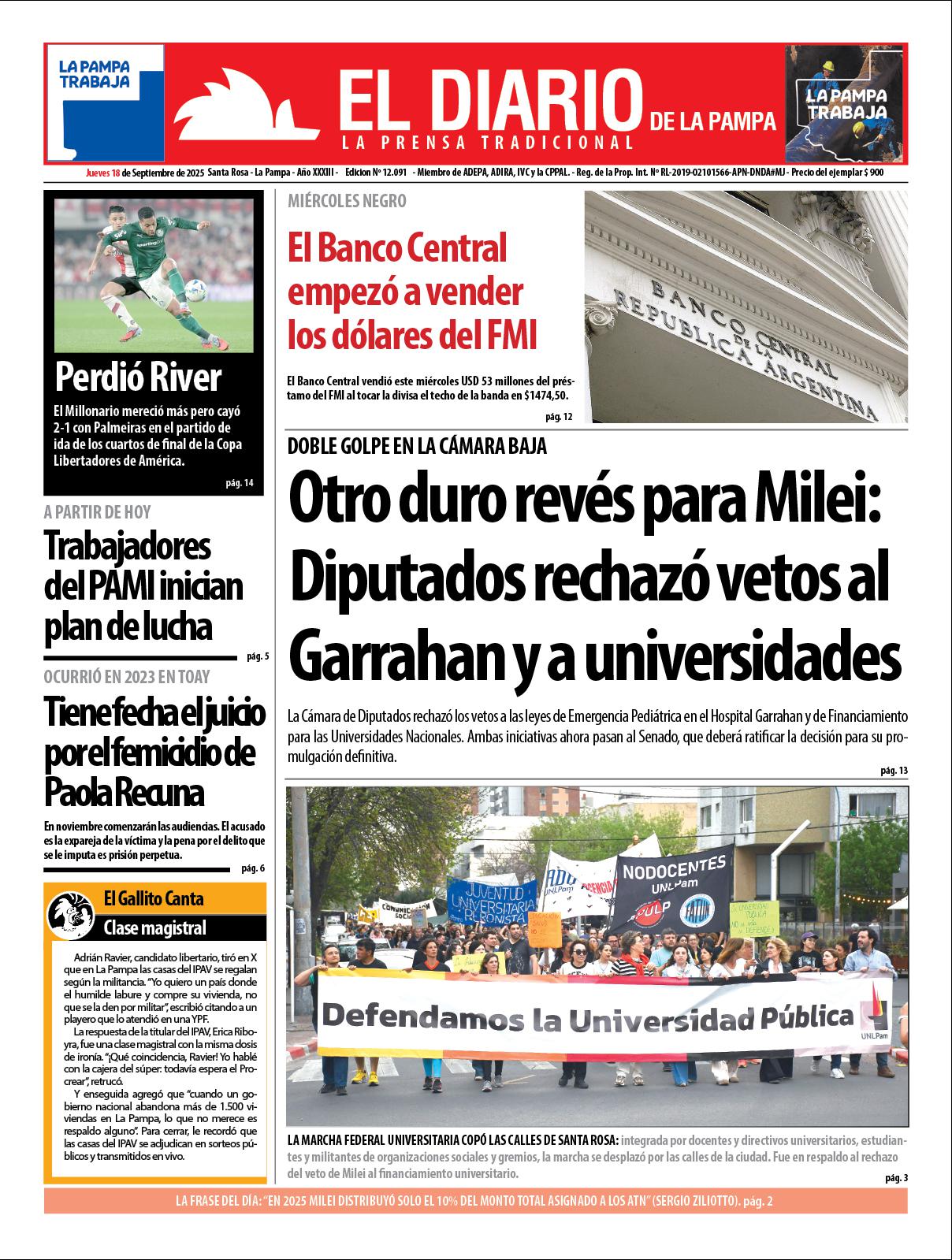 Tapa de El Diario en papel  jueves 18 de septiembre de 2025